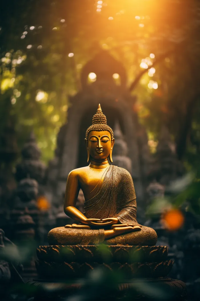 A serene golden Buddha statue sitting in lotus pose with warm sunlight filtering through a dark bokeh forest. | PrintPosters.in